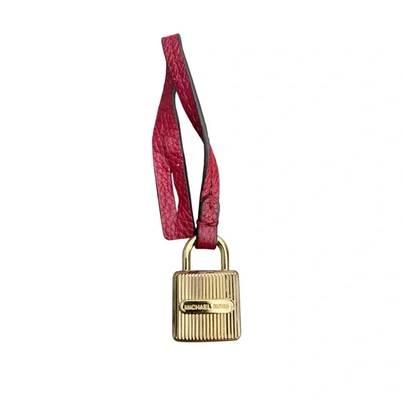 MICHAEL KORS Gold Tone Lock Red Pebbled Leather Strap Fob Bag Charm Hang Tag - Picture 7 of 7